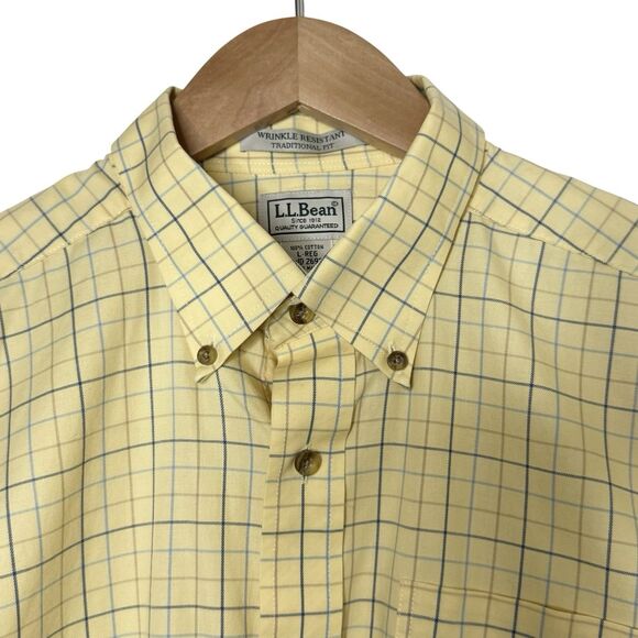 LL Bean Mens Size Large Traditional Fot Yellow Blue Plaid Button Down Shirt - Picture 7 of 10